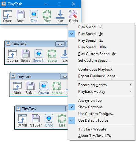 TinyTask 1.77 interface with multilingual toolbar and preferences